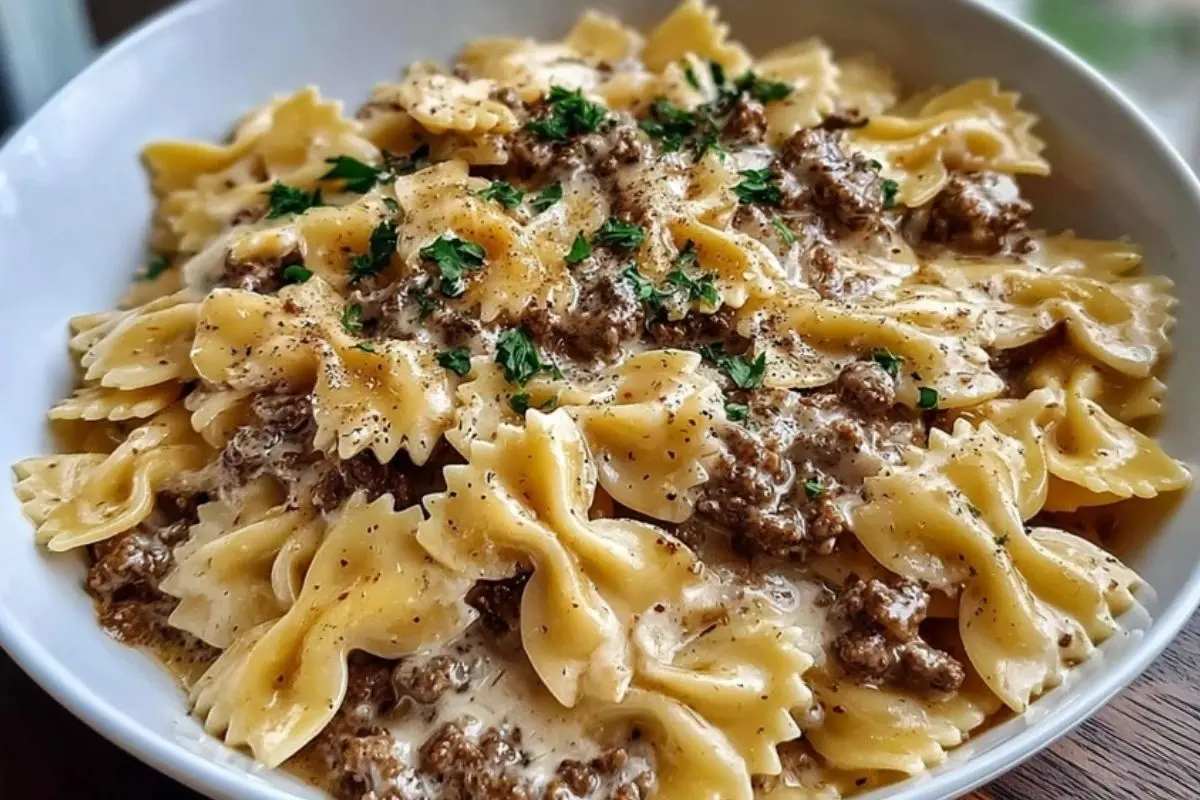 Creamy Parmesan Garlic Beef Bowtie Pasta
