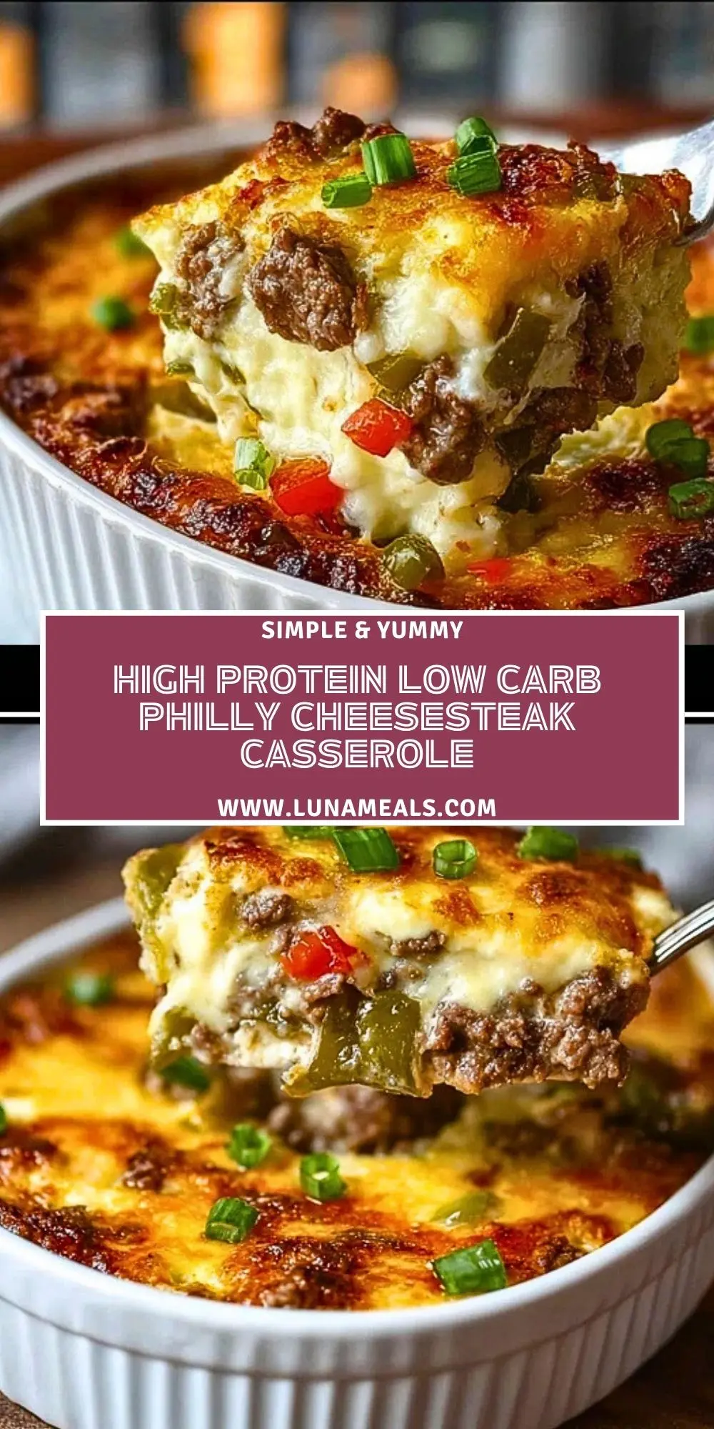 High Protein Low Carb Philly Cheesesteak Casserole Pin 1