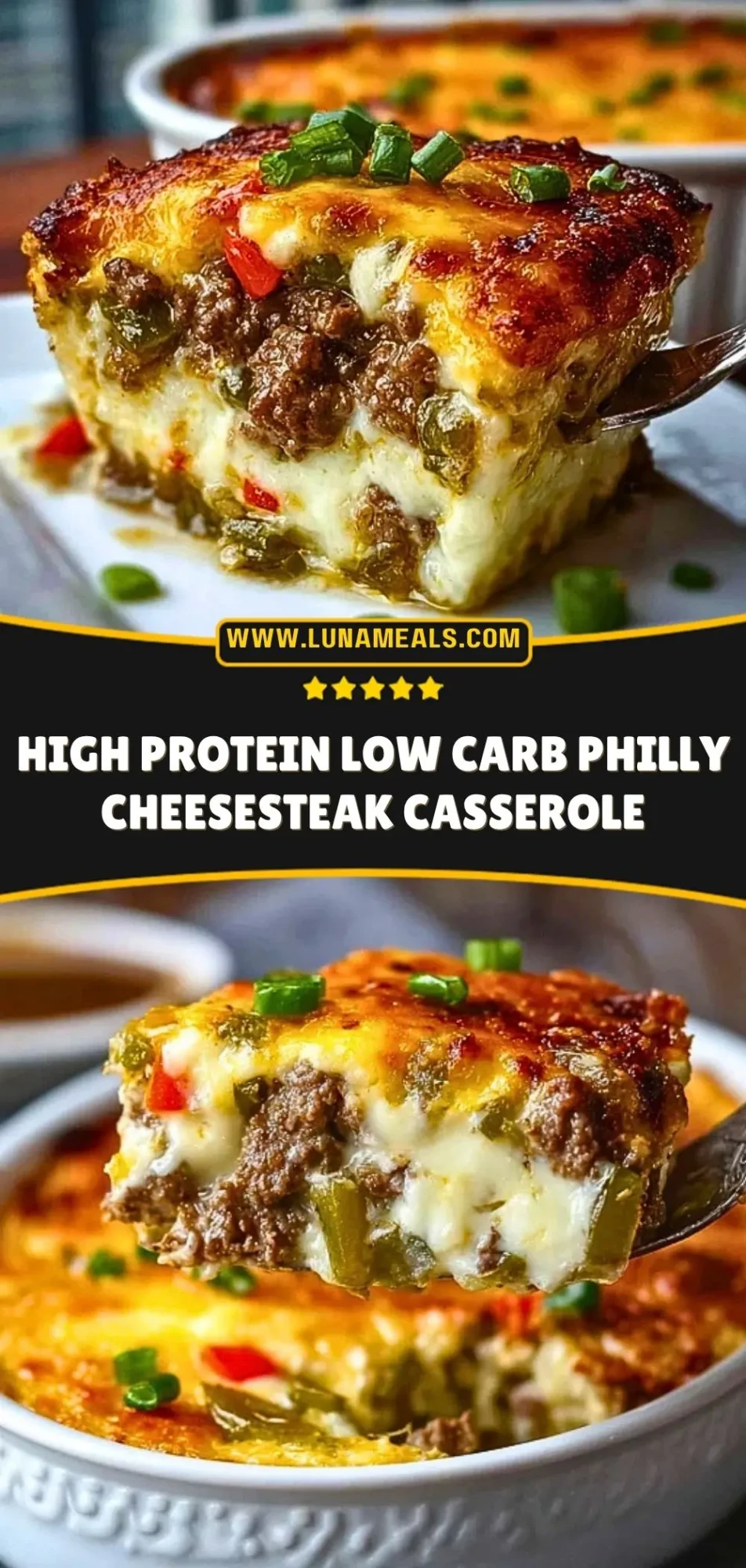 High Protein Low Carb Philly Cheesesteak Casserole Pin 2