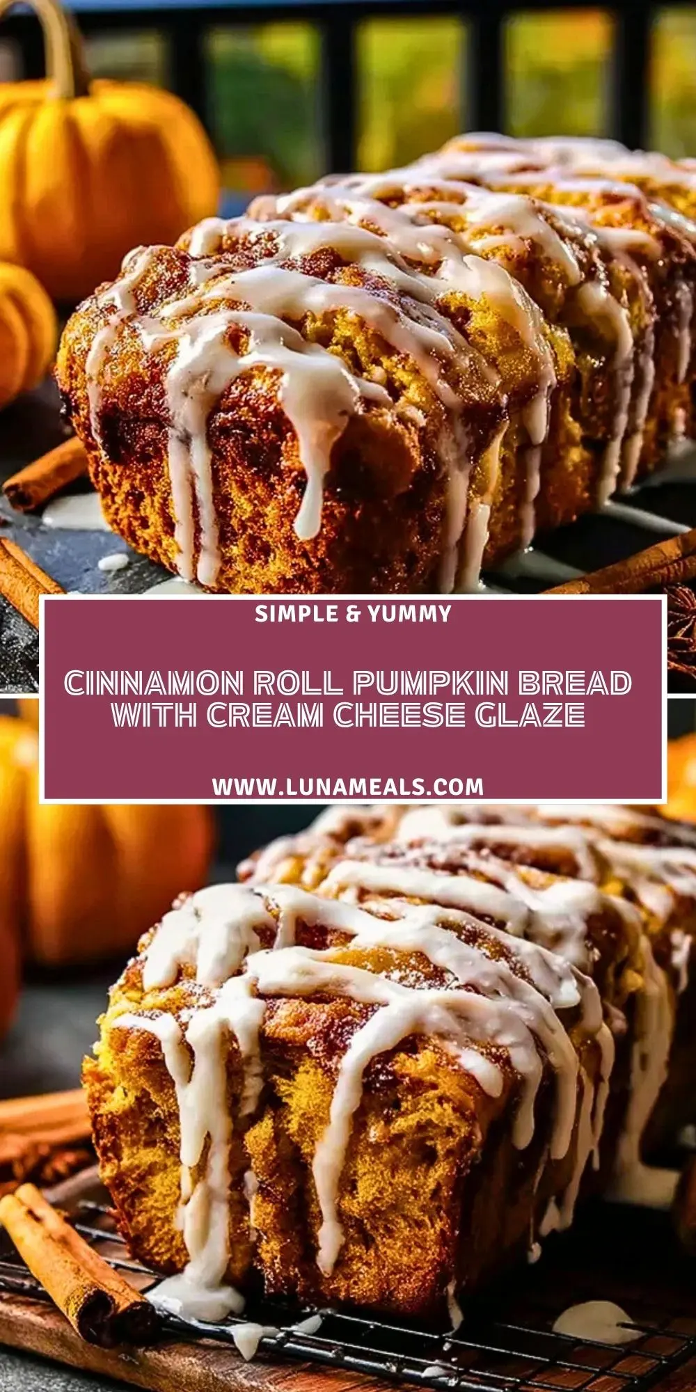Cinnamon Roll Pumpkin Bread with Cream Cheese Glaze Pin 1