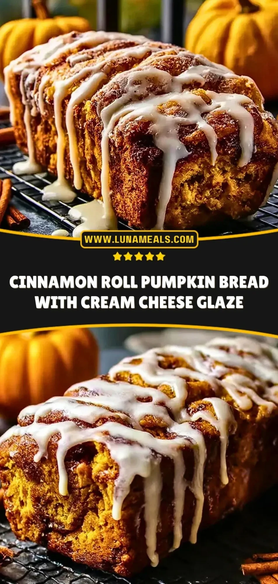 Cinnamon Roll Pumpkin Bread with Cream Cheese Glaze Pin 2