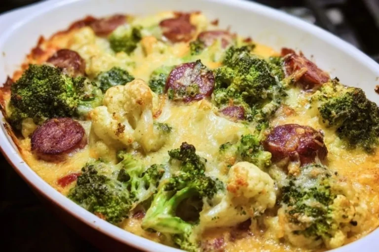 Keto Broccoli and Cauliflower Au Gratin with Sausage 1