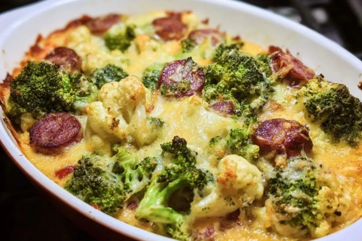 Keto Broccoli and Cauliflower Au Gratin with Sausage 1