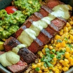Steak Avocado Roasted Corn Bowl with Cilantro Cream Sauce