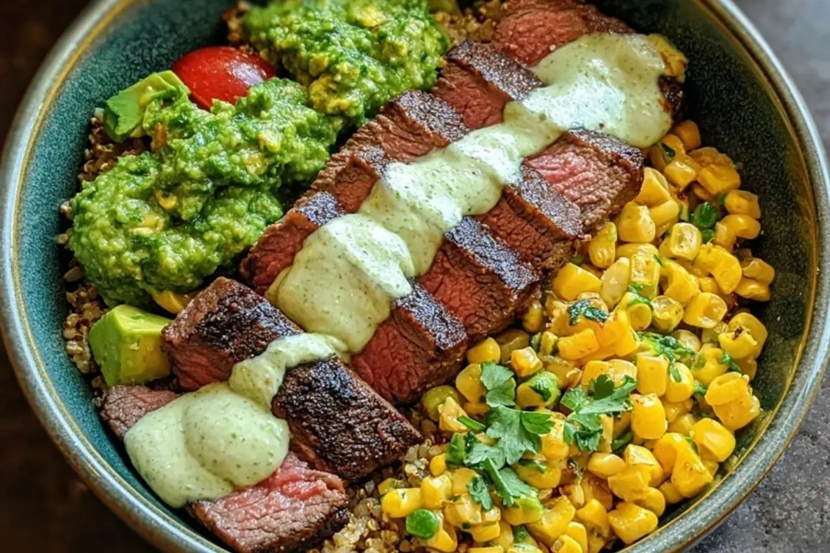 Steak Avocado Roasted Corn Bowl with Cilantro Cream Sauce