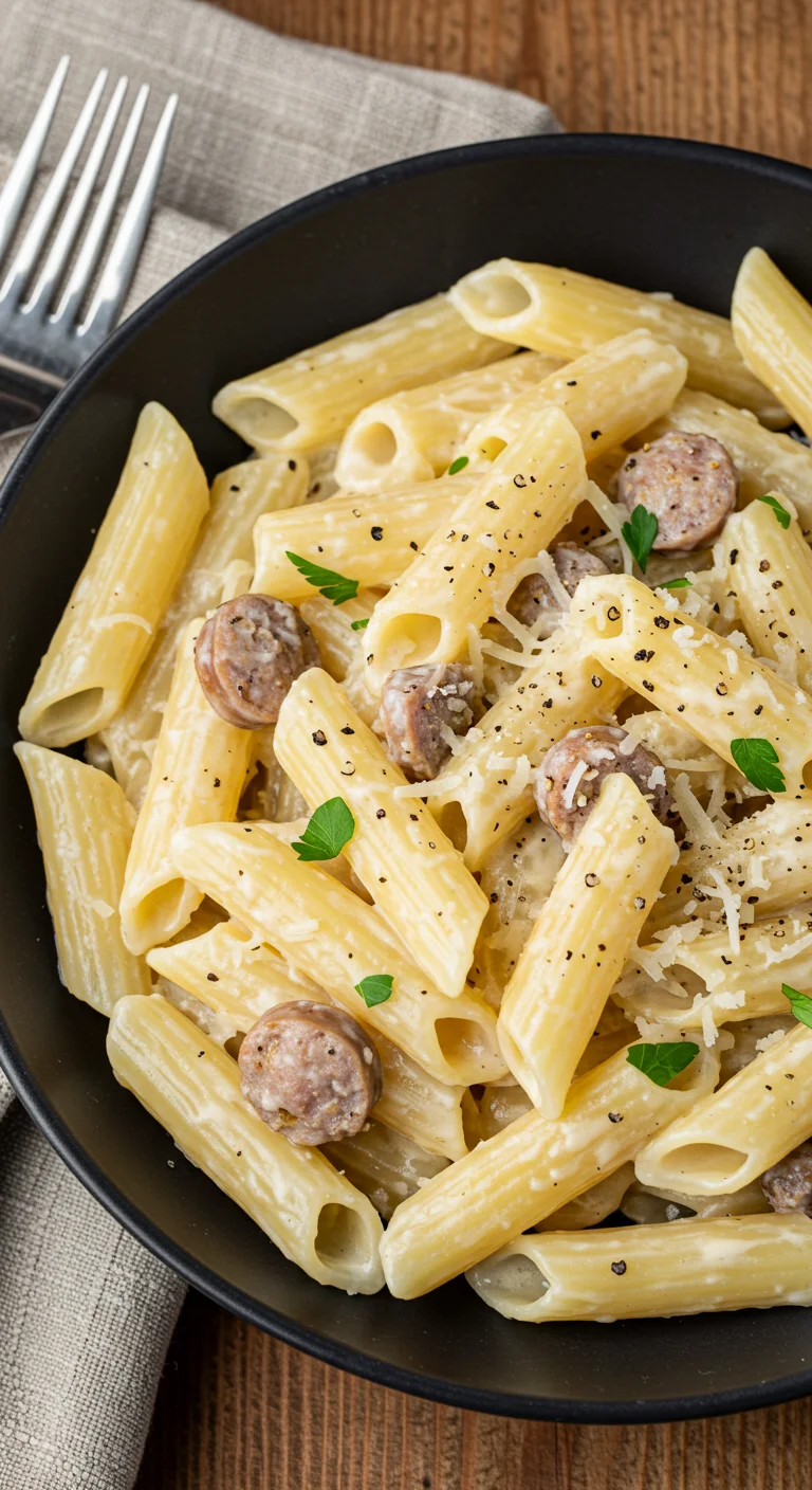 Delicious Garlic Sausage Alfredo Rigatoni