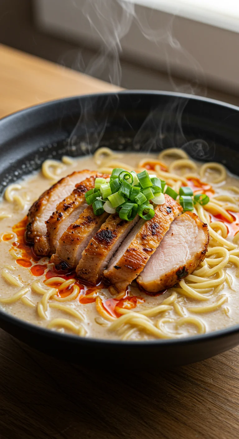 Fiery Chicken Ramen with Creamy Garlic Sauce