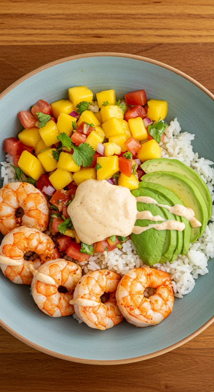 Shrimp and Avocado Bowls with Mango Salsa & Lime-Chili Sauce