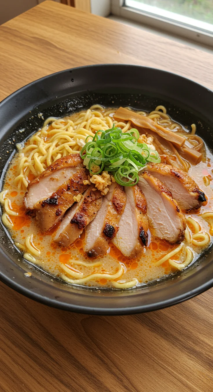 Fiery Chicken Ramen with Creamy Garlic Sauce