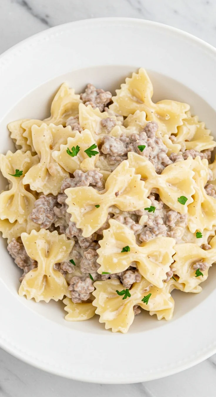 Creamy Beef Bowtie Pasta with Garlic Parmesan Sauce