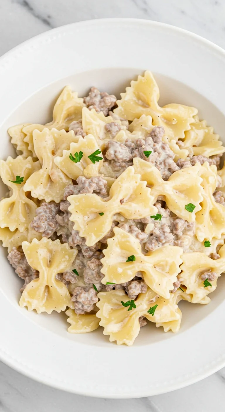 Creamy Beef Bowtie Pasta with Garlic Parmesan Sauce