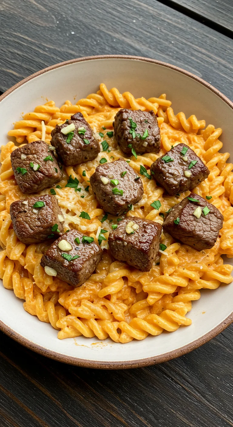 Garlic Parmesan Steak Bites with Cajun Twisted Pasta