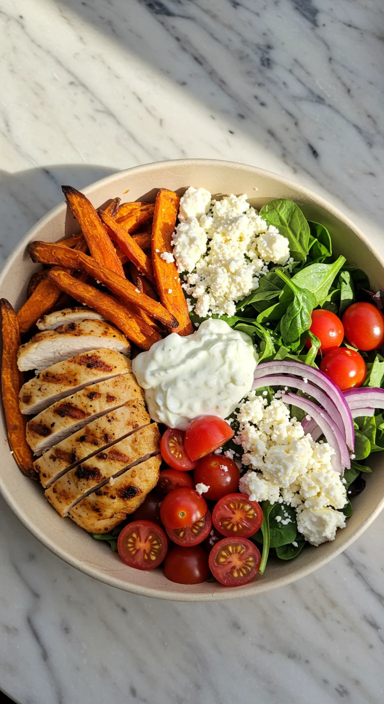Grilled Chicken Power Bowl with Tzatziki and Sweet Potato Fries