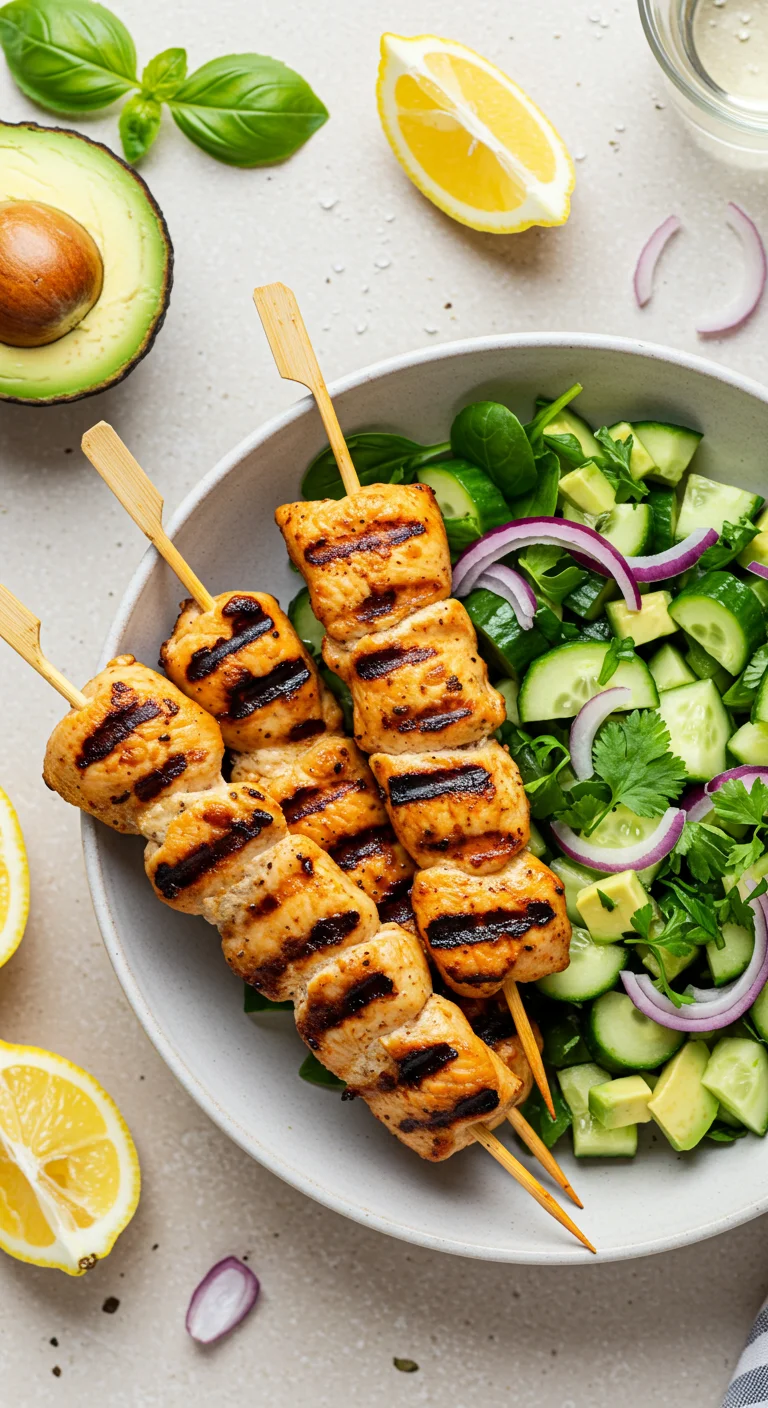 Grilled Chicken Skewer Bowl with Cucumber Avocado Salad