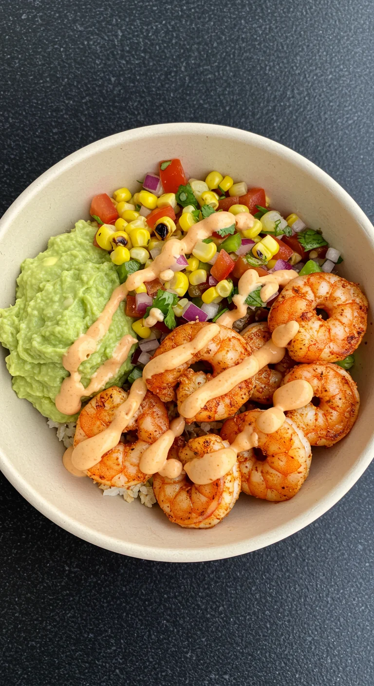 Grilled Shrimp Bowl with Avocado, Corn Salsa & Creamy Sauce