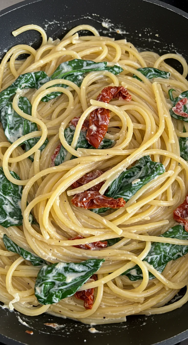 Spaghetti and Spinach with Sun Dried Tomato Cream Sauce