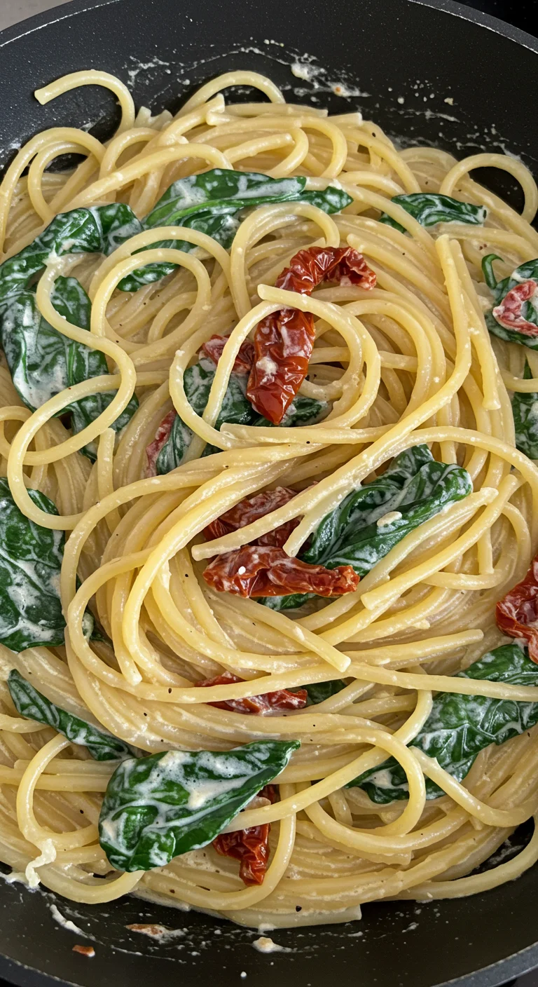 Spaghetti and Spinach with Sun Dried Tomato Cream Sauce