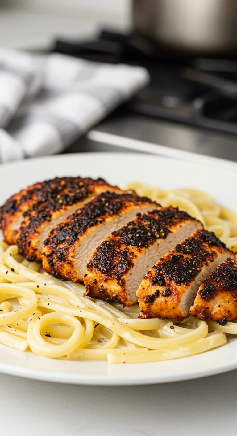 Spicy Blackened Chicken with Creamy Parmesan Garlic Linguine