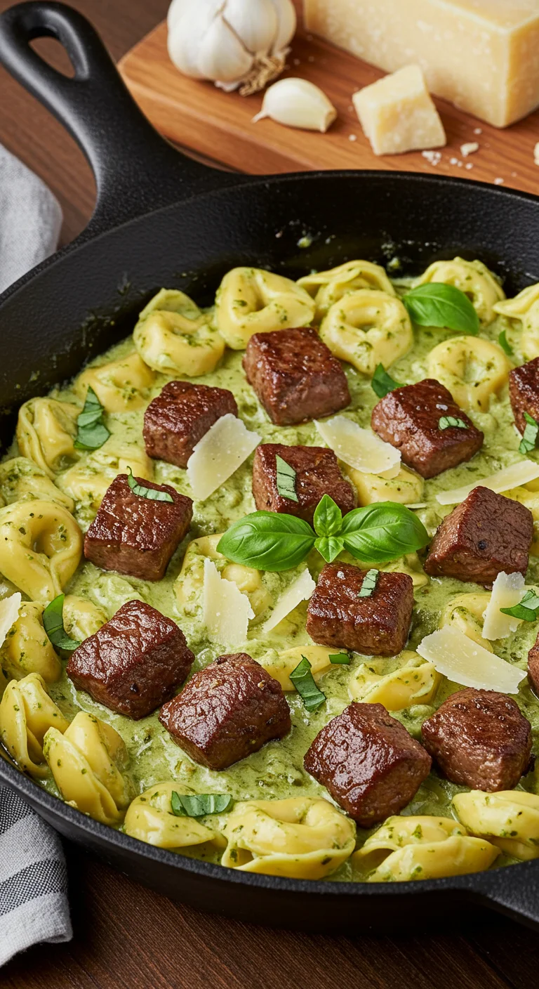 Tender Steak Bites with Pesto Alfredo Tortellini Sauce