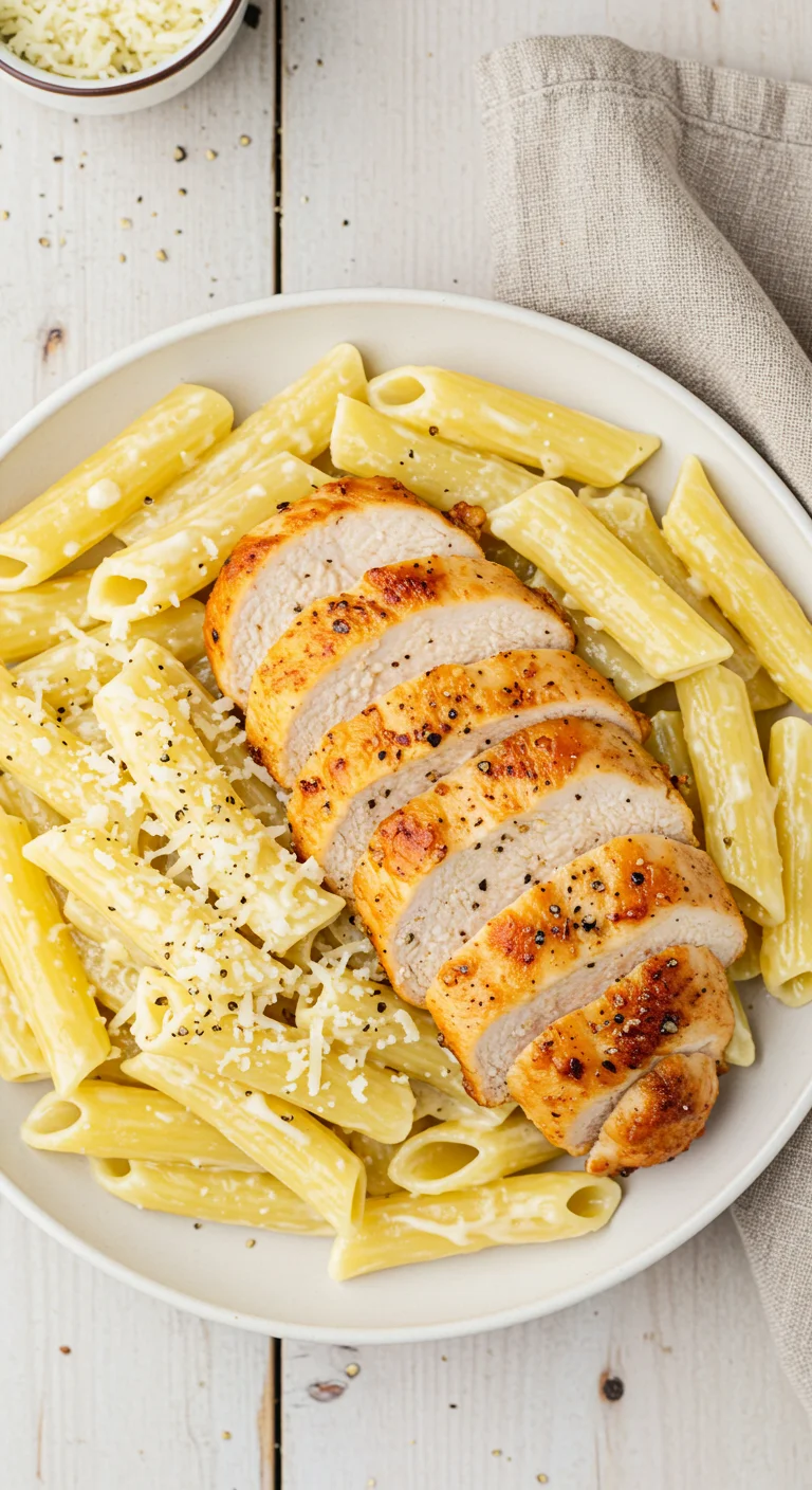 Creamy Garlic Butter Chicken and Rigatoni in Parmesan Sauce